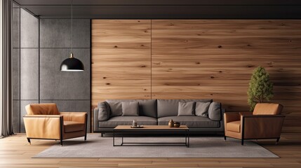 Poster - Interior of contemporary living room with wooden furniture, gray sofa and armchair, and gray and wooden walls. horizontal poster mockup Generative AI