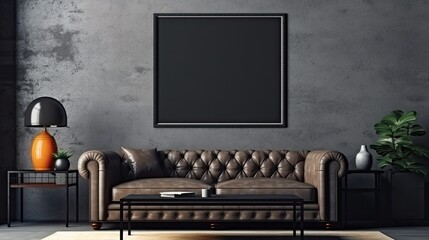 Poster - Interior of a contemporary living room with a leather couch, a little tablet with dcor, and an empty poster on the wall. a mockup Generative AI