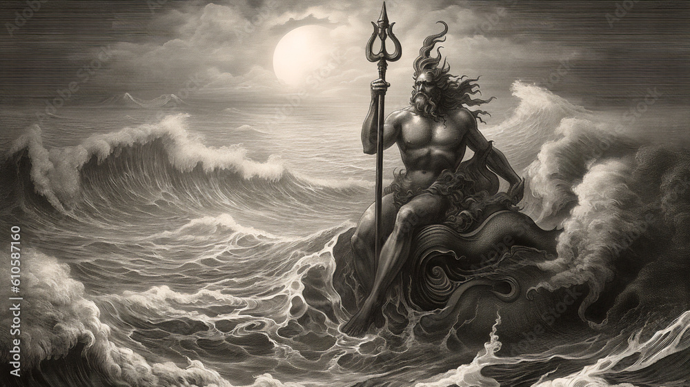 Illustrazione stock di Engraving portrait of Neptune the Roman god of ...