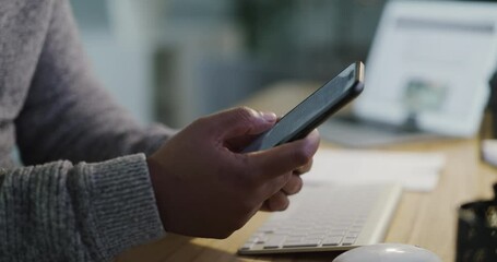 Poster - Phone, scroll and business man hands in office for communication, social media or website planning at his desk at night. Check, search and typing of person, employee or worker with mobile app or chat
