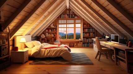 Poster - Interior of an attic bedroom including a wooden floor, a double bed in the corner, a computer desk, and two bookcases. a mockup Generative AI