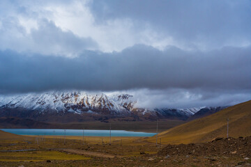 Wall Mural - snow covered mountains, cloudy sky at Kyagar Tso, Kyagar lake with surrounding mountains, Ladakh, Inida