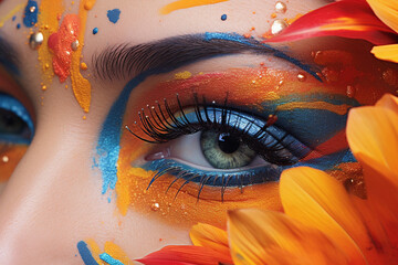 Macro shot of beautiful woman's eye with floral make-up. Close-up portrait of beautiful woman's eye with bright make-up. Beautiful female eye with creative make-up. Fashion show. AI generated image.