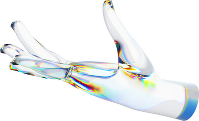 Wall Mural - 3d glass hand with dispersion transparent background. Rainbow reflex on a glass arm
