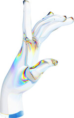 Wall Mural - 3d glass hand with dispersion transparent background. Rainbow reflex on a glass arm