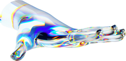 Wall Mural - 3d glass hand with dispersion transparent background. Rainbow reflex on a glass arm