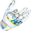 3d glass hand with dispersion transparent background. Iridescent reflex on a glass arm