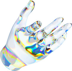 Wall Mural - 3d glass hand with dispersion transparent background. Iridescent reflex on a glass arm