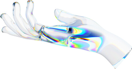 Wall Mural - 3d glass hand with dispersion transparent background. iridescent reflex on a glass arm