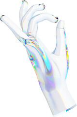 Wall Mural - 3d glass hand with dispersion transparent background. Iridescent reflex on a glass arm