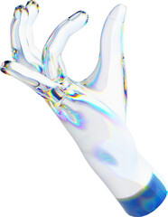Wall Mural - 3d glass hand with dispersion transparent background. Iridescent reflex on a glass arm