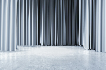 Poster - Advertising and marketing concept with front view on blank concrete floor with place for product presentation on abstract stage with light grey backstage background. 3D rendering, mockup