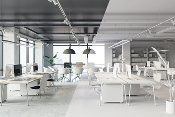 Poster - Office interior design concept with double view 3d visualization - draft with white material and final project. 3d rendering background