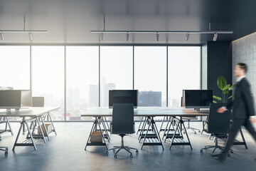 Aufkleber - Blurry businessman walking in a modern open space office interior with big window with city view on a background. 3D Rendering
