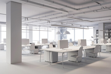 Poster - Perspective view of loft office interior design concept with white material. 3D Rendering