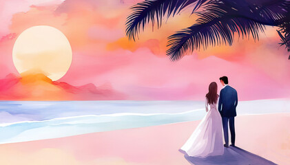 Wall Mural - abstract wedding couple bride and groom at the sunset beach with copy space watercolor style generat