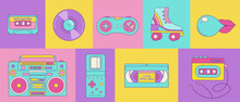 Retro Set Of 80s 90s Elements. Vector Illustration Of Roller Skates, Cassette, Joystick And Recorder. Fashion Patch, Badge, Emblem