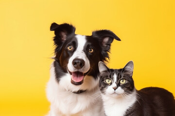grey striped tabby cat and a border collie dog with happy expression together on yellow background