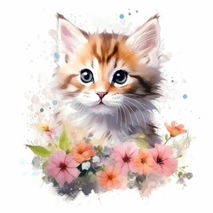  Watercolor Cat with flowers on a white background, kitten, Generative AI