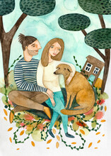 A Couple With A Dog And House In The Background