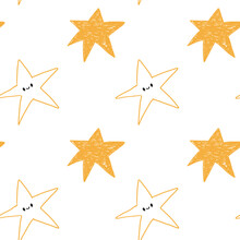 Abstract Vector Seamless Pattern For Printing Pencil Drawing Yellow Stars On A White Background