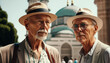 © Marcela Ruty Romero - Two retired friends on vacation in Istanbul, posing in front of Hagia Sophia. Generative AI