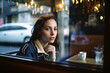© Marcela Ruty Romero - Reflective young woman enjoying coffee at a bar, captured through a window with street reflections and neon lights. Generative AI