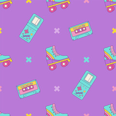 Wall Mural - vintage seamless pattern 80s 90s, roller skates, cassette tape, geometric shapes in memphis style. v