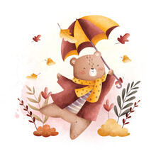 Watercolor Illustration Cute Bear Brings Umbrella At Garden With Autumn Leaves