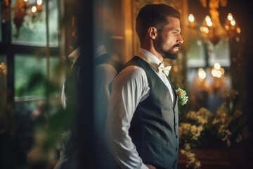 The groom practicing his wedding speech in front of a mirror. Wedding, preparations for the wedding, bokeh Generative AI