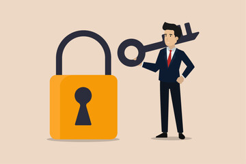 Wall Mural - Businessman holding padlock key. Illustration of a successful businessman getting the key to open the padlock.