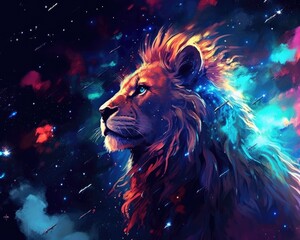 Wall Mural - Lion predator animals wildlife painting. Lion is the king of animals. The constellation of Leo is a sign of the leaders. A strong spirit, strong body, strong will. Fantasy art of a lion