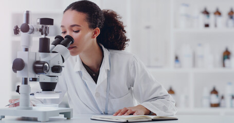 Wall Mural - science, notebook and microscope with woman in laboratory for expert research, medical and planning.