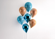 Set Of 3d Render Isolated Balloons On Ribbons. Realistic Decoration Background For Birthday, Anniversary, Wedding, Holiday, Promotion Banners. Blue And Gold Glitter Color Composition.