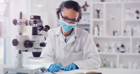 Wall Mural - scientist face mask, woman writing and lab worker with medical research in a clinic. data work, plan