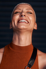 Poster - Young woman, laugh and portrait with hipster and gen z fashion with a happy smile and piercing. Cool style, face and funny joke of a female person laughing with happiness, confidence and jewelry