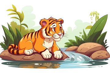 Wall Mural - a tiger standing by the river, Generative AI