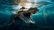 Underwater view of a powerful crocodile with jaws wide open, Generative AI