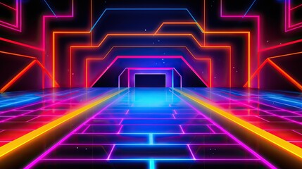 Wall Mural - Game background, ultraviolet neon square portal, glowing lines, virtual reality, abstract fashion background, violet