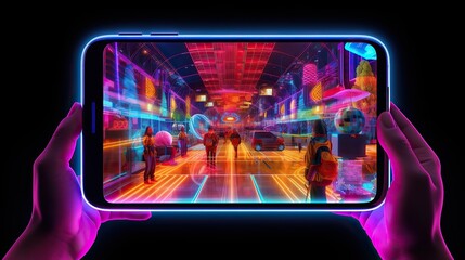 Smartphone mobile screen, neon technology mobile display projected into space, colorful. Vibrant smartphone wallpaper.