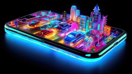 Smartphone mobile screen, neon technology mobile display projected into space, colorful. Vibrant smartphone wallpaper.