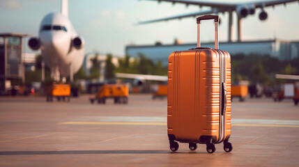 Wall Mural - A suitcase on a runway with blurred airplane in the blur background.