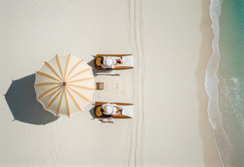 Wall Mural - Landscape of the beach with umbrellas and sunbeds for sunbathing. Generative AI.