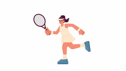 Poster - Animated girl tennis player. Athlete swinging racket isolated 2D animation. Individual sports. Cartoon flat character 4K video footage, white background, alpha channel transparency for web design