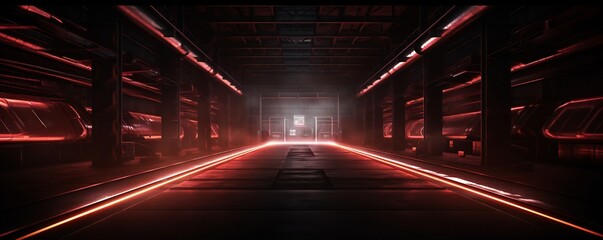 Dark industrial metal background with red light coming through thin lines Generative AI