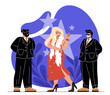 Bodyguards with celebrity concept. Men in suits stand next to woman in red dress. Young beautiful girl. Famous and popular personality with guard workers. Cartoon flat vector illustration