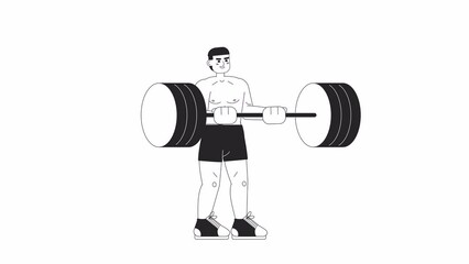 Poster - Animated bw male powerlifter. Latino american man deadlifting isolated 2D animation. Weight training. Cartoon monochrome thin line character 4K video footage, alpha channel transparency for web design