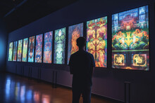 Man Looks At NFT Crypto Artwork In A Museum, The Art Is Shown On Screens Hanging On The Walls Of The Room Rear View
