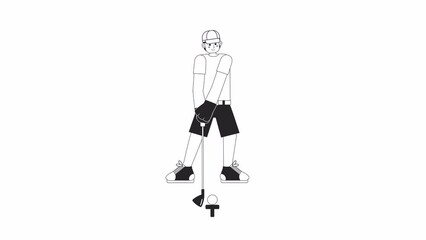 Poster - Animated bw golfer in action. Male golfer playing golf isolated 2D animation. Golf country club. Cartoon monochrome thin line character 4K video footage, alpha channel transparency for web design