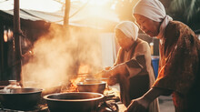 Senor Asian Women Cooking At Local Food Market Wearing Traditional Clothes - Ethnic Concept - Created With Generative AI Technology
